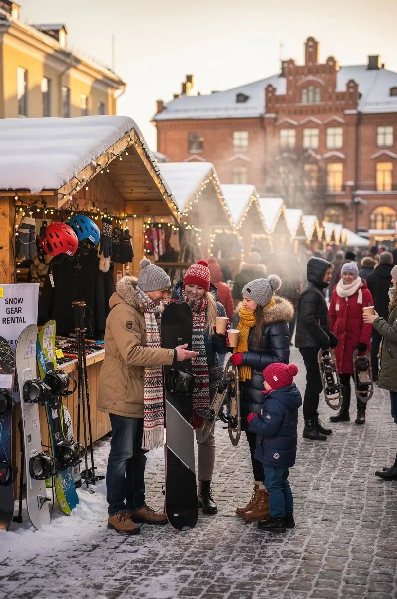 Talvine lumelinnak rendifirmaga, kus saab varustust suusatajatele ja lumelauatajateks.